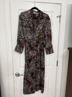 Zara Brown Wrap Dress with White & Black Floral Swirl